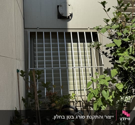 סורגי מתכת על חלון עם צמחייה מסביב